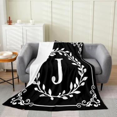 Imagem de Manta de lã tamanho bebê com letra inicial J preto e branco, felpudo, presentes personalizados para mulheres, homens, Frends Boho floral folhas flanela, cobertor minimalista, decoração para sofá