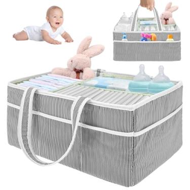 Imagem de HJJWNDDNG Organizador de fraldas para bebês, cesto de armazenamento de berçário com alça, organizador de fraldas portátil adequado para ambientes internos e externos (cinza + verde menta)