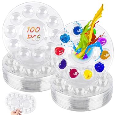 Imagem de Supkiir 100 paletas de bandeja de tinta transparente, palete de tinta plástica redonda de 14,5 cm, paleta de acrílico transparente a granel para aulas de arte, festas de pintura de Natal, arte faça