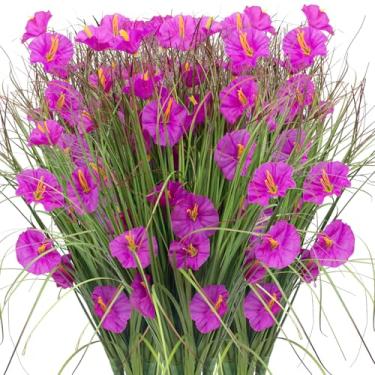 Imagem de Griine 12 feixes de grama de trigo artificial e caule de cebola com glórias da manhã, arbustos altos falsos resistentes a UV para vasos externos e decoração de casa (rosa vermelha)