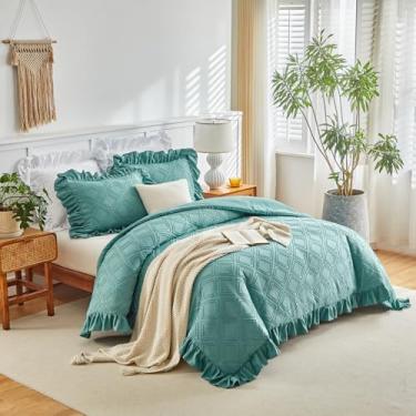 Imagem de Flysheep Conjunto de capa de edredom com babados tufados, tamanho solteiro, 3 peças de capa de edredom vintage estilo fazenda chique com fecho de zíper, conjunto de cama boêmio boêmio jacquard luxuoso