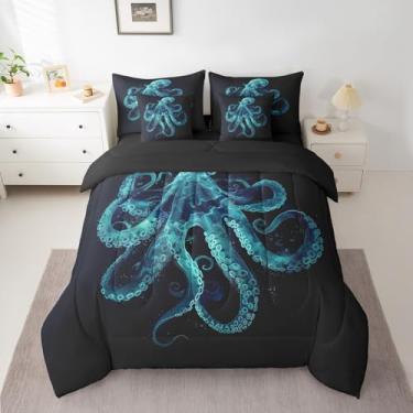 Imagem de jejeloiu Conjunto de edredom com tema oceano, cama king size, polvo, para meninos, meninas, adolescentes, oceano Kraken, 7 peças, preto, azul-petróleo