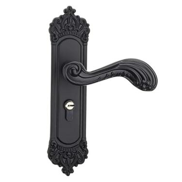 Imagem de PXNQMTJM Fechadura de porta antiga interna liga de zinco maçanetas de madeira maciça ferragem preta trava de ferragens para porta de apartamento