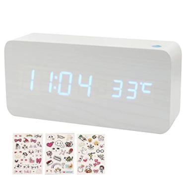 Imagem de Despertador Digital de Madeira com Display Data e Temperatura LED 3 Níveis Brilho Controle por Som Modo Semana Fim para Quarto Mesa Cabeceira Escritór