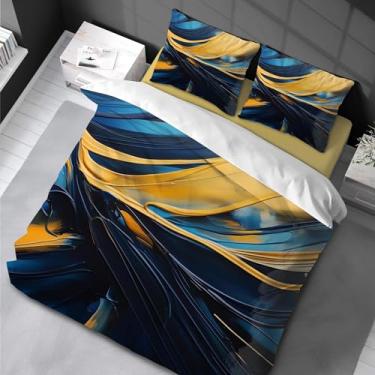 Imagem de Conjunto de edredom de mármore King azul dourado aquarela estampa de mármore capa de edredom adulto com fronha 155 x 220 cm -80 x 80 cm x 2 cm