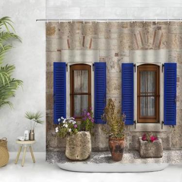 Imagem de Conjunto de cortina de chuveiro vintage para porta de madeira antiga, tábua de celeiro, decoração de parede de pedra, cortinas de banheiro, ganchos de tecido de poliéster 183 x 198 cm/LxA, cortina de