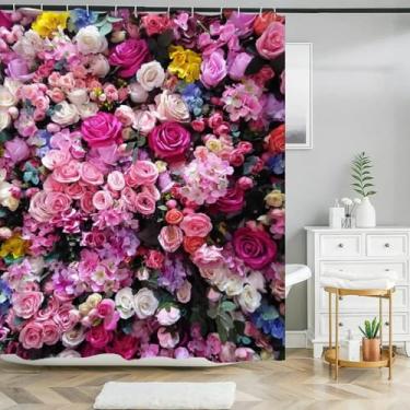 Imagem de Cortina de chuveiro floral com impressão 3D colorida rosa natureza flor impermeável cortinas de banheiro para decoração de banheira com ganchos 102 x 79 pol. - 260 x 200 cm/LxA cortina de chuveiro