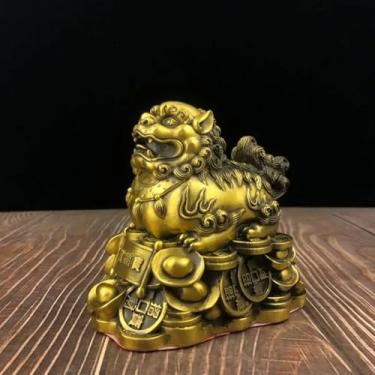 Imagem de FENNYYAR Estátua de leão atraído pela riqueza de cobre puro, ornamento Feng Shui de 14 cm de 5,5 polegadas, escritório doméstico