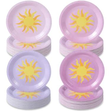 Imagem de Widecook Pacote com 100 pratos de festa de aniversário roxos e solares, para decoração de festa roxa, pratos de papel de 1º aniversário, conjunto de utensílios de sol para chá de bebê, artigos de