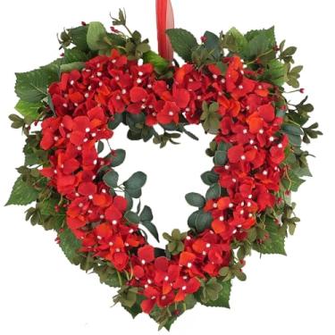 Imagem de Egolot Guirlanda de coração de dia dos namorados de 45 cm para porta da frente com flores de hortênsia vermelha, guirlanda de flores vermelhas dos namorados para ambientes internos e externos