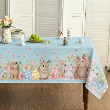 Imagem de Horaldaily Toalha de mesa retangular de Páscoa, 152 x 264 cm, coelhinhos da primavera, azul, grão de madeira, lavável, capa de mesa sazonal para decoração de festa, piquenique, jantar