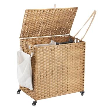 Imagem de Cesto de roupa suja com rodas, 150 L, cesto de roupa suja com tampa, forro grande removível de 2 cores e 3 sacos de roupa de malha, cesto de roupas com bolso lateral, natural