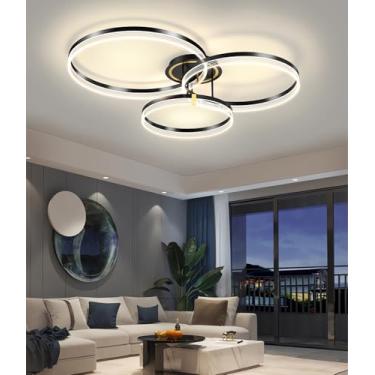 Imagem de Luminária de teto LED moderna, com intensidade regulável, para sala de estar, com controle remoto e por aplicativo. Ideal para sala de estar, quarto e cozinha. Luminária pendente (preta, peq