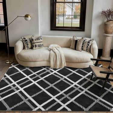 Imagem de HUGEAR Tapete felpudo 12 x 18 cm, preto, moderno, neutro, macio, macio, para ambientes internos, felpudo, antiderrapante, fácil de cuidar, 1,3 cm de espessura para áreas de alto tráfego na sala de