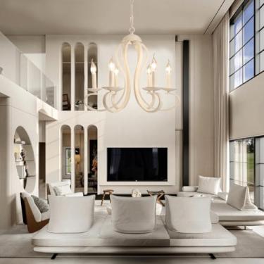 Imagem de Lustre moderno branco com luz LED, 6 lâmpadas, estilo retrô de fazenda, em ferro, com iluminação altamente ajustável para sala de estar, sala de jantar, quarto e cozinha.