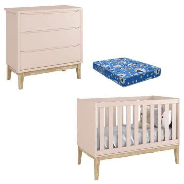 Imagem de Berço Americano Com Colchão E Cômoda Gaveteiro Classic Rosa Pés Madeira Natural - Reller
