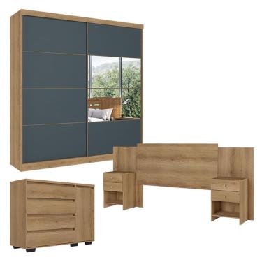 Imagem de Guarda Roupa Casal Malaga Glass 2 Portas Capuccino Azul Com Cômoda Com Porta Aurora E Cabeceira Formosa Capuccino- Thb