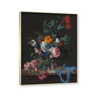 Imagem de NHLDZYH Moldura em champanhe. Flores clássicas ainda vida em tela retro buquê de flores pinturas estilo country decoração de parede para cozinha e sala de estar. C02. 60 x 80 cm.