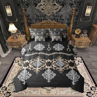 Imagem de Erosebridal Conjunto de edredom feminino vitoriano barroco branco e preto, tamanho queen, 7 peças | Jogo de cama vintage Paisley em uma bolsa damasco gótico para adultos e homens