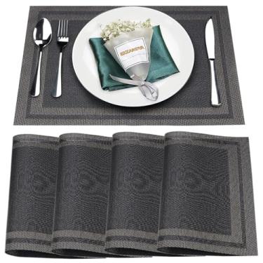 Imagem de Bxzandya Conjunto de 8 jogos americanos laváveis, tapetes de mesa antiderrapantes de tecido de vinil para proteção de mesa de restaurante, jogo americano de mesa de PVC (preto, 4 peças 30,5 cm x 18 C)