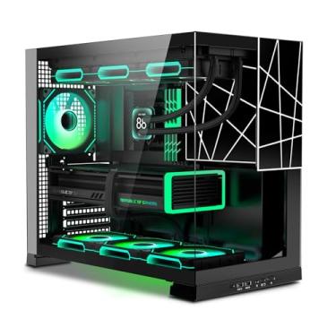 Imagem de ATX Capa para PC para jogos, gabinete de computador de torre média com câmara dupla para gerenciamento de cabos, chassi panorâmico de mesa exclusivo de 270°, ventilador ARGB traseiro pré-instalado