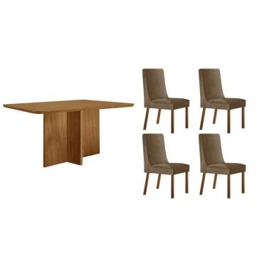 Imagem de Sala Jantar Mesa Berlim Tampo Curvo 120cm+4 Cadeiras Dakota Madeira Naturale - Capuccino/Suede Capuccino - Rufato