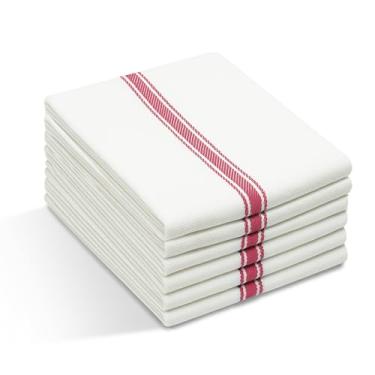 Imagem de RF Linens Toalhas de cozinha 100% algodão – Pacote com 6 toalhas de prato brancas com listras vermelhas, 35,5 x 63,5 cm, toalhas de chá super absorventes e de secagem rápida, toalhas de cozinha e