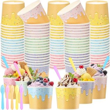 Imagem de Jingmore 60 peças de copos de sorvete de papel a granel com colheres tigelas descartáveis de sorvete de papel para sobremesa, lanche, sopa de iogurte, suprimentos de festa de verão (170 g)