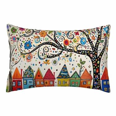 Imagem de Nicokee Capa de almofada com design vibrante abstrato de árvores e casas, capa de almofada de poliéster decorativa para sofá, quarto, sala de estar, tamanho Queen 50 x 76 cm