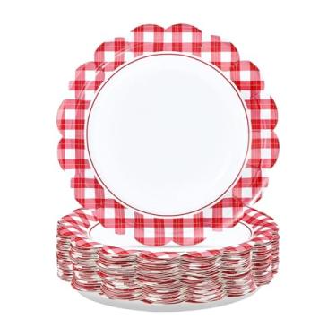 Imagem de 50 peças de pratos de papel guingão vermelho e branco de 22,88 cm, pratos de sobremesa, xadrez, xadrez, descartáveis, suprimentos para festa de Natal, piquenique, churrasco, chá de bebê, decorações de