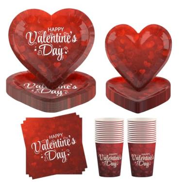 Imagem de Arosche Conjunto de artigos de festa para decoração de dia dos namorados para 24 pratos e guardanapos descartáveis em forma de coração, copos, utensílios de mesa para celebração do dia dos namorados