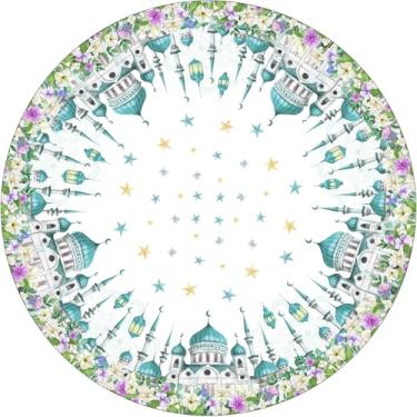 Imagem de XCHI Toalha de mesa redonda de castelo luas estrelas flores Ramadan Mubarak toalha de mesa redonda para decoração de festa em casa 152 x 152 cm
