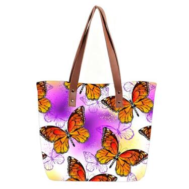 Imagem de ZVUZVO Sacola de lona borboleta com alça de couro, sacolas de supermercado reutilizáveis para presentes de aniversário, ação de graças, Natal, presentes de borboleta azul