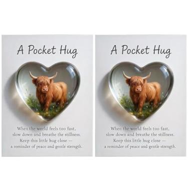 Imagem de TECHPLUS 2 Pieces Emotional Support Highland Cow Pocket Hug Token - Heart-Shaped Glass Keepsake with Inspirational Card for Friends Family,Encouragement Gift