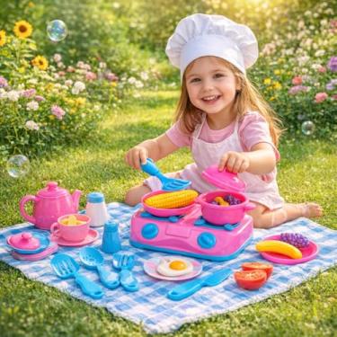 Imagem de kit brinquedo de cozinha e fogão com legumes 12 Peças - Rosa