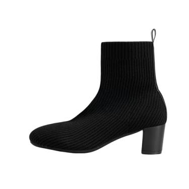 Imagem de Letuwj Bota feminina de cano curto, bico redondo, salto baixo, confortável, de malha elástica para outono e inverno, Preto, 37 BR