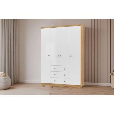 Imagem de Guarda Roupa 4 Portas c/ e 3 Gavetas Júnior Branco/Amendoa - Peroba