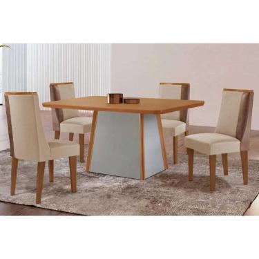 Imagem de Conjunto Sala de Jantar Tilia c/ Tampo Madeirado Canto Curvo 120x80cm e 4 Cadeiras Tilia Madeira Maciça Naturale/Off White - Capuccino/Suede Creme-Ruf