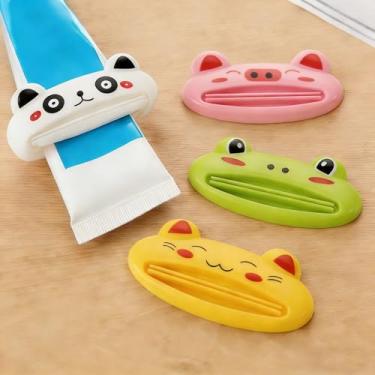 Imagem de Pacote com 4 espremedores de pasta de dente de desenho animado - Espremedor manual de animais - branco + rosa + verde + amarelo