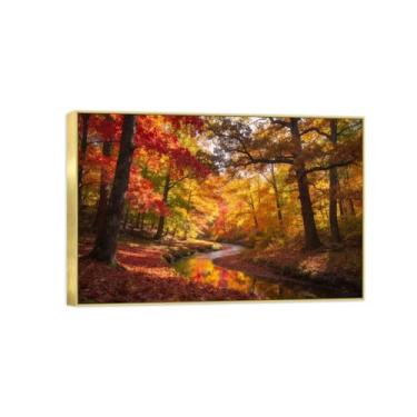 Imagem de BMZFYBS Impressão em tela de paisagem pronta para pendurar - árvore florestal outono rio pintura de arte de parede - decoração de casa moderna imagem moldura dourada 20 x 30 cm 8 x 12 pol