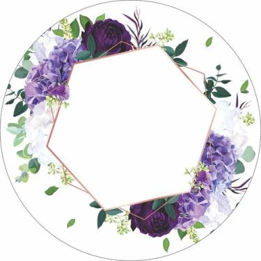Imagem de Painel de Lona Redondo Hortênsia, violeta, rosas e formas geométricas 