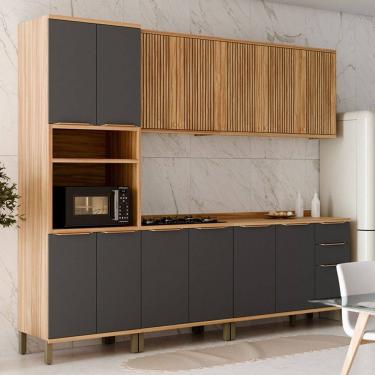 Imagem de Armário de Cozinha Modulada com Balcão e Tampo 13 Portas 3 Gavetas Nice Fresado 100% Mdf Amêndoa/Cinza - Pnr Móveis