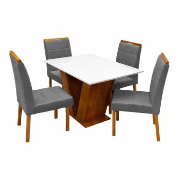 Imagem de Mesa de Jantar Classic 120x80cm com Vidro e 4 Cadeiras Giulia em Linho Estofadas Cel Móveis Cor Cinamomo Off White com Tecido Cinza