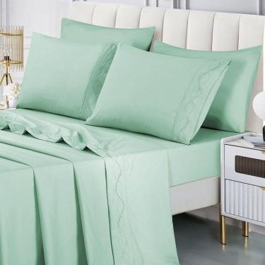 Imagem de Jogo De Cama Lençol Luminia Casal 4 Peças Micropercal 300 Fios Bordado Floral Verde 100...