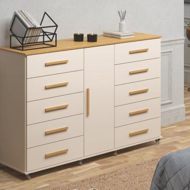 Imagem de Cômoda Sapateira 1 Porta 10 Gavetas com Rodízio Monterrey Yescasa Off White/Tauari Ambar