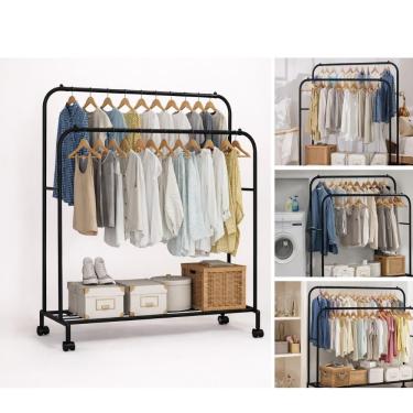 Imagem de Arara Roupas Dupla Sapateira Prateleiras Guarda Roupa Portatil Cabideiro Organizador Metal Luxo Preto