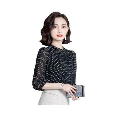 Imagem de Blusa De Chiffon Com Estampa De Poás Para Mulheres, Manga Longa, Decot