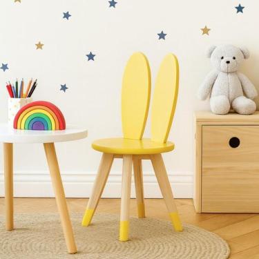 Imagem de Cadeira Infantil Orelha Coelho Pés em Madeira e Assento MDF Cor:Amarel