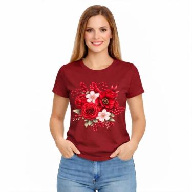 Imagem de Camiseta Feminina Estampada Rosa Flores Vermelhas Premium-Feminino