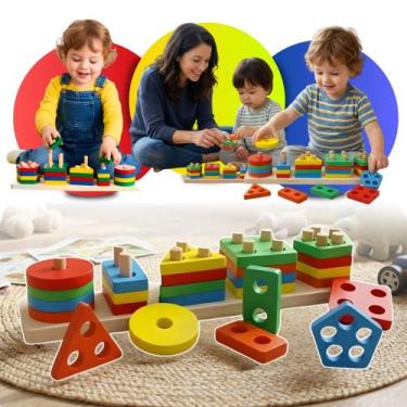 Imagem de Brinquedo Pedagógico Educativo Madeira Infantil Peças Montessori Color